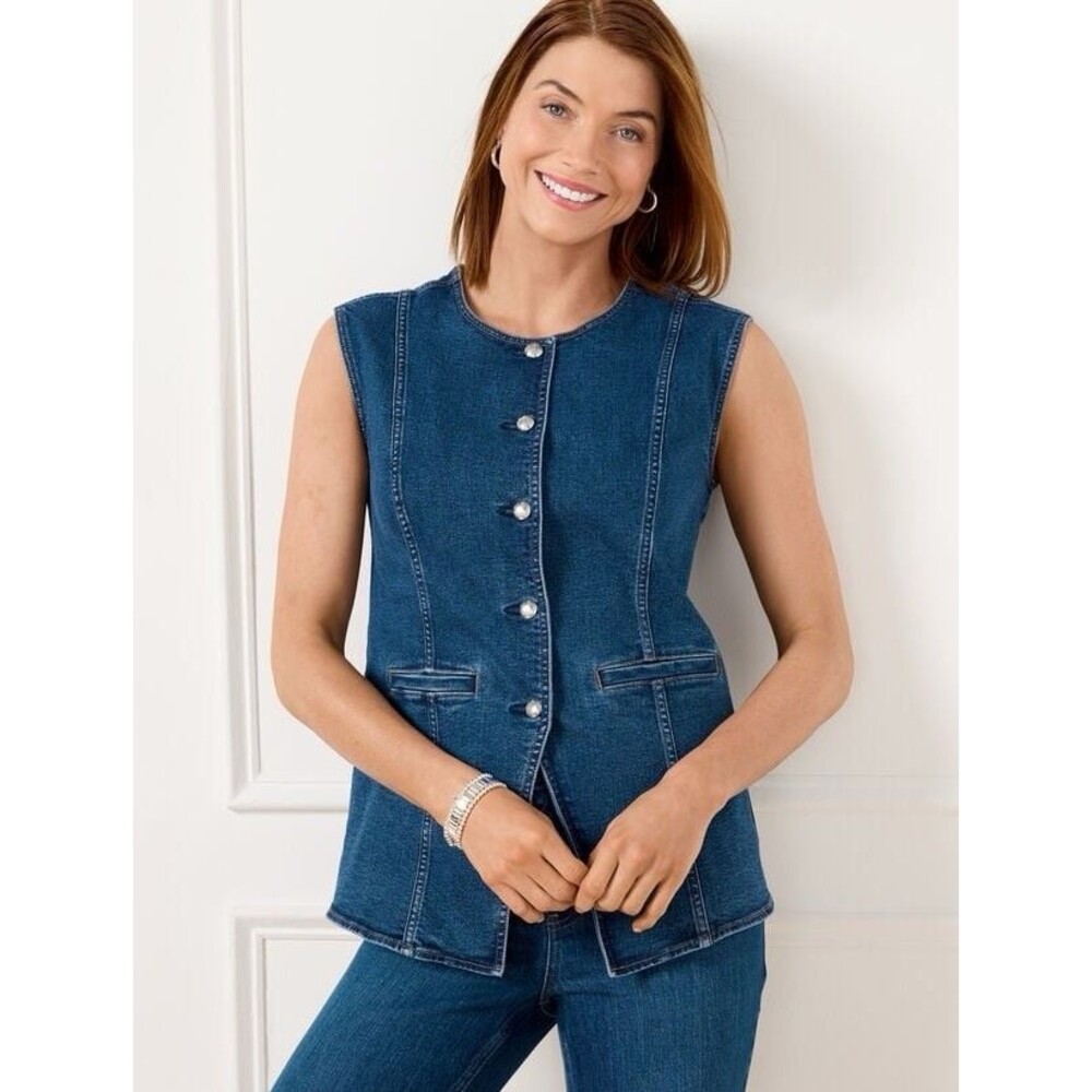 Talbots Women's Blue Long Line Denim Silver Button Up Vest Tailored Size 14 New